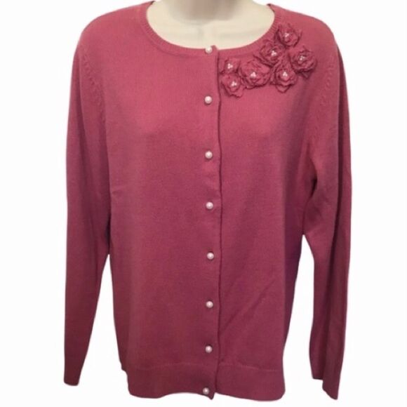 Vintage Pearl Button Floral Rosette Appliqué Rockabilly Cardigan Pink Sz M - Picture 1 of 12